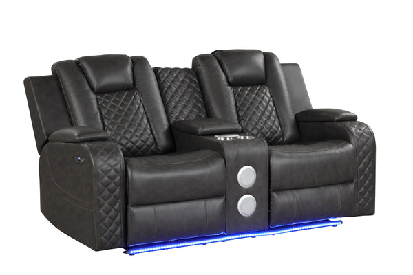 English Elm BENZ LED Power Reclining Loveseat in Black Faux Leather with USB, Wireless Charging, Bluetooth Speakers and Console G150109056