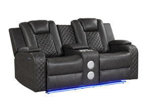 English Elm BENZ Power Reclining 2PC Sofa Set in Black Faux Leather with LED Lighting, Bluetooth & USB Ports 659436330924