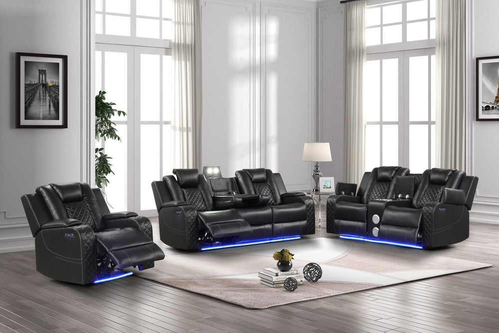 English Elm BENZ Power Reclining 3PC Set in Black Faux Leather with LED Lighting, Bluetooth, USB, Cupholders B009S01935