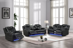English Elm BENZ Power Reclining 3PC Set in Black Faux Leather with LED Lighting, Bluetooth, USB, Cupholders B009S01935