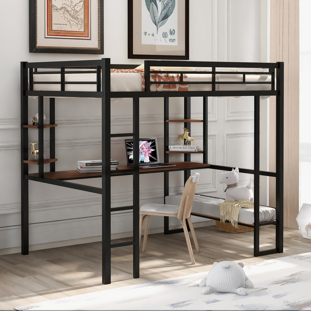 English Elm Full Metal & MDF Loft Bed Full with Long Under-Desk, 2-Tier Corner Shelves, Guardrail Ladder Black SM000608AAB