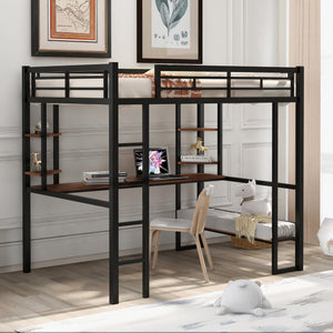 English Elm Full Metal & MDF Loft Bed Full with Long Under-Desk, 2-Tier Corner Shelves, Guardrail Ladder Black SM000608AAB
