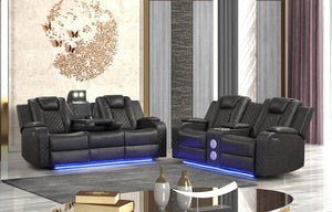 English Elm BENZ Power Reclining 2PC Sofa Set in Black Faux Leather with LED Lighting, Bluetooth & USB Ports 659436330924