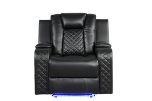 English Elm BENZ Power Reclining 3PC Set in Black Faux Leather with LED Lights, Bluetooth, USB, Cupholders 698781200681