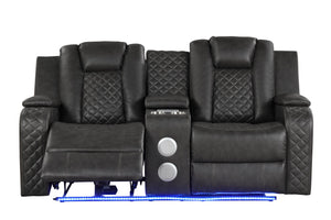 English Elm BENZ LED Power Reclining Loveseat in Black Faux Leather with USB, Wireless Charging, Bluetooth Speakers and Console G150109056