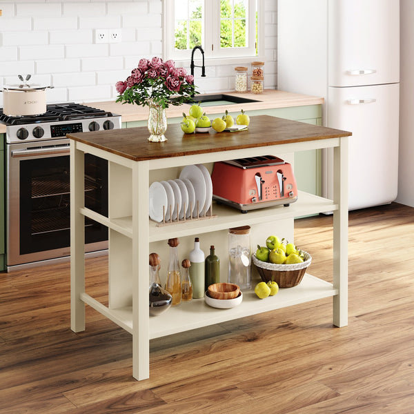 English Elm TOPMAX Rustic 45" Solid Wood Kitchen Island Table with Butcher Block Top, 2 Open Shelves, Walnut+Cream White WF285472AAD