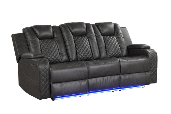 English Elm BENZ Power Reclining 3PC Set in Gray Faux Leather with LED Lighting, Bluetooth, USB, Cupholders 698781139424