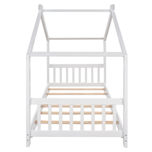 English Elm Twin House Platform Bed with Roof Headboard and Footboard, Pine & MDF, Low Profile Safeguard Design White WF284064AAK