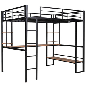 English Elm Full Metal & MDF Loft Bed Full with Long Under-Desk, 2-Tier Corner Shelves, Guardrail Ladder Black SM000608AAB