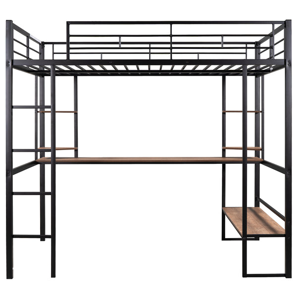 English Elm Full Metal & MDF Loft Bed Full with Long Under-Desk, 2-Tier Corner Shelves, Guardrail Ladder Black SM000608AAB