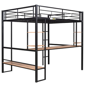 English Elm Full Metal & MDF Loft Bed Full with Long Under-Desk, 2-Tier Corner Shelves, Guardrail Ladder Black SM000608AAB