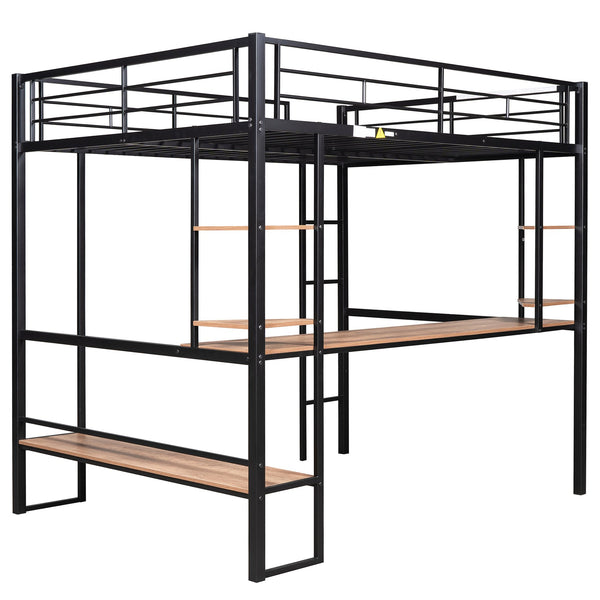 English Elm Full Metal & MDF Loft Bed Full with Long Under-Desk, 2-Tier Corner Shelves, Guardrail Ladder Black SM000608AAB