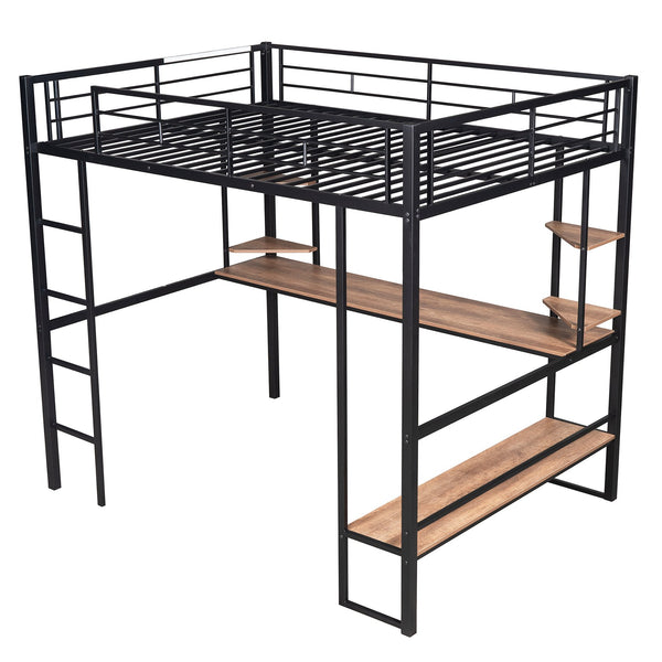 English Elm Full Metal & MDF Loft Bed Full with Long Under-Desk, 2-Tier Corner Shelves, Guardrail Ladder Black SM000608AAB
