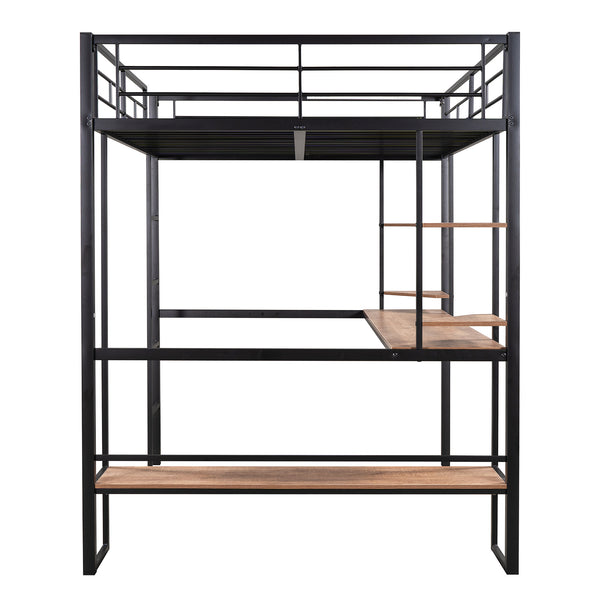 English Elm Full Metal & MDF Loft Bed Full with Long Under-Desk, 2-Tier Corner Shelves, Guardrail Ladder Black SM000608AAB