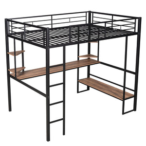 English Elm Full Metal & MDF Loft Bed Full with Long Under-Desk, 2-Tier Corner Shelves, Guardrail Ladder Black SM000608AAB