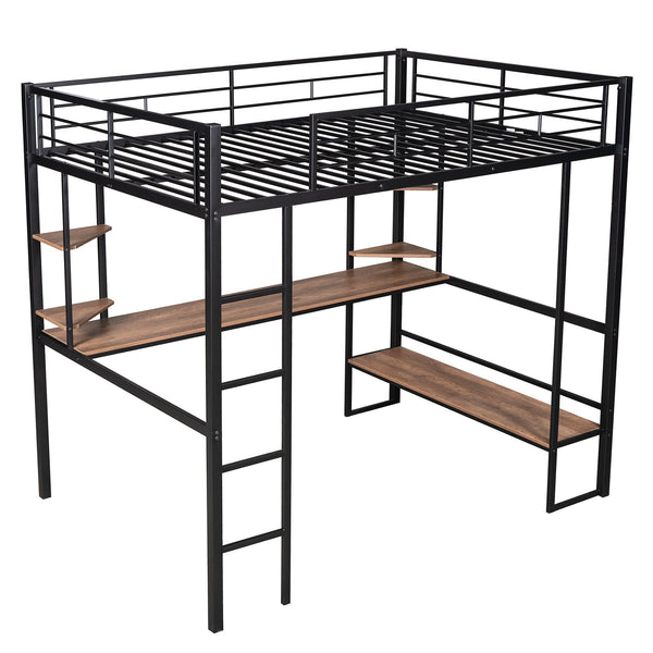 English Elm Full Metal & MDF Loft Bed Full with Long Under-Desk, 2-Tier Corner Shelves, Guardrail Ladder Black SM000608AAB