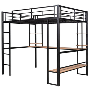 English Elm Full Metal & MDF Loft Bed Full with Long Under-Desk, 2-Tier Corner Shelves, Guardrail Ladder Black SM000608AAB