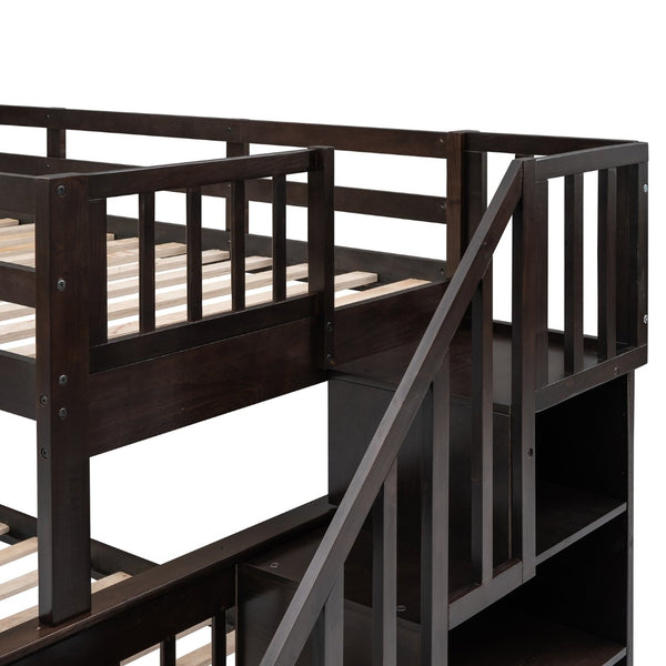 English Elm Stairway Twin Over Full Bunk Bed with Stair Storage Espresso Frame for Kids LT000219AAP-1