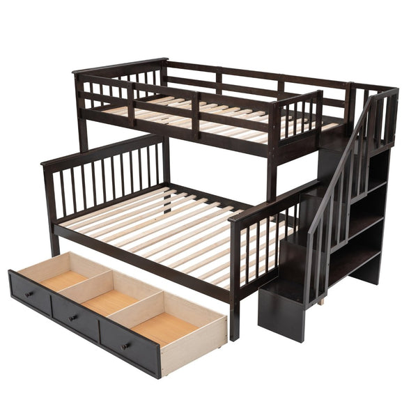English Elm Stairway Twin Over Full Bunk Bed with Stair Storage Espresso Frame for Kids LT000219AAP