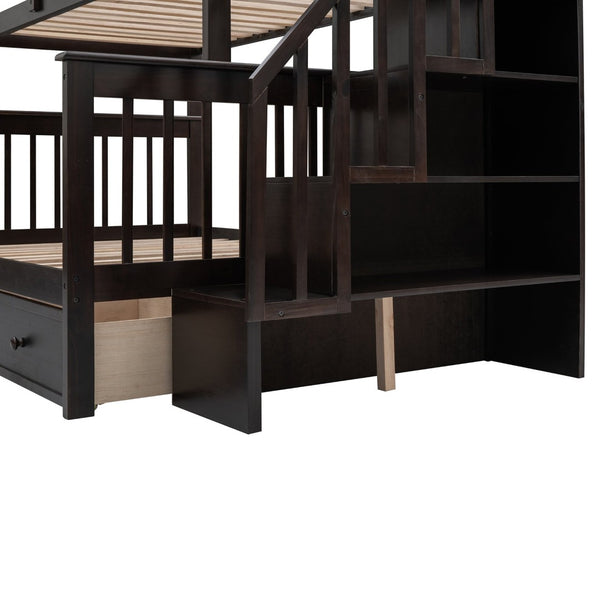 English Elm Stairway Twin Over Full Bunk Bed with Stair Storage Espresso Frame for Kids LT000219AAP