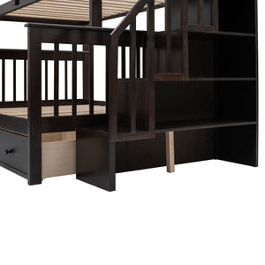 English Elm Stairway Twin Over Full Bunk Bed with Stair Storage Espresso Frame for Kids LT000219AAP-1