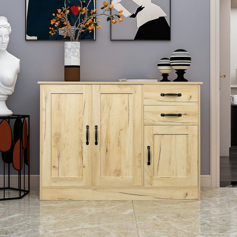 English Elm Modern Wood Buffet Sideboard with 3 Doors, 2 Drawers & Movable Shelves – Oak Console for Dining Entryway W33137242