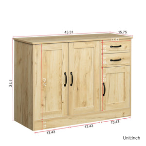 English Elm Modern Wood Buffet Sideboard with 3 Doors, 2 Drawers & Movable Shelves – Oak Console for Dining Entryway W33137242