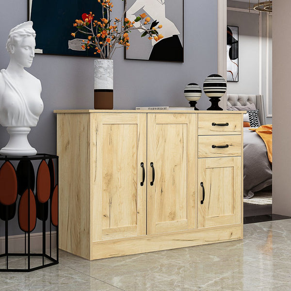 English Elm Modern Wood Buffet Sideboard with 3 Doors, 2 Drawers & Movable Shelves – Oak Console for Dining Entryway W33137242