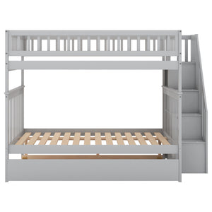 English Elm Full Full-over-Full Bunk Bed with Trundle & Staircase Storage, Solid Pine, Convertible to 3 Beds, Safe Guardrails Gray GX000402AAE-1