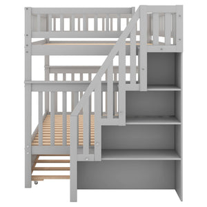 English Elm Full Full-over-Full Bunk Bed with Trundle & Staircase Storage, Solid Pine, Convertible to 3 Beds, Safe Guardrails Gray GX000402AAE-1