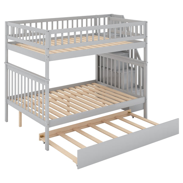 English Elm Full Full-over-Full Bunk Bed with Trundle & Staircase Storage, Solid Pine, Convertible to 3 Beds, Safe Guardrails Gray GX000402AAE-1