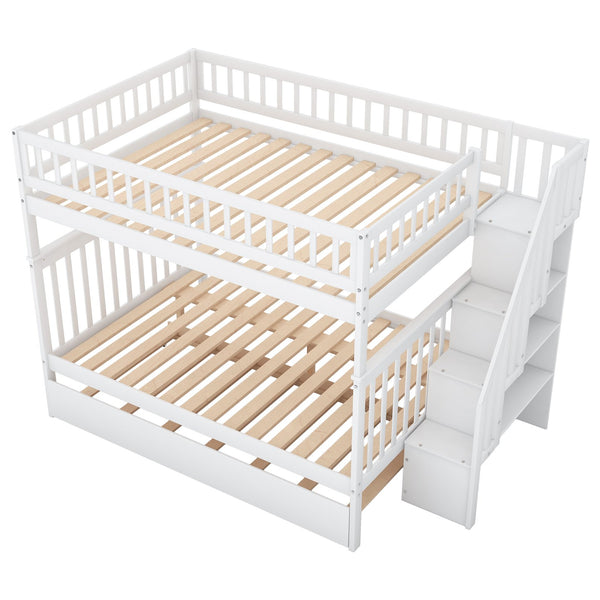 English Elm Full Full-over-Full Bunk Bed with Trundle & Staircase Storage, Solid Pine, Convertible to 3 Beds, Safe Guardrails White GX000402AAK-1
