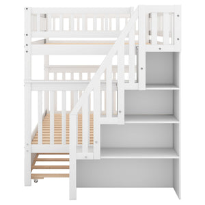 English Elm Full Full-over-Full Bunk Bed with Trundle & Staircase Storage, Solid Pine, Convertible to 3 Beds, Safe Guardrails White GX000402AAK-1