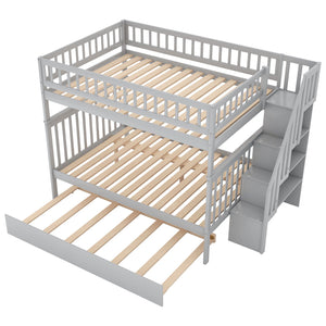 English Elm Full Full-over-Full Bunk Bed with Trundle & Staircase Storage, Solid Pine, Convertible to 3 Beds, Safe Guardrails Gray GX000402AAE-1