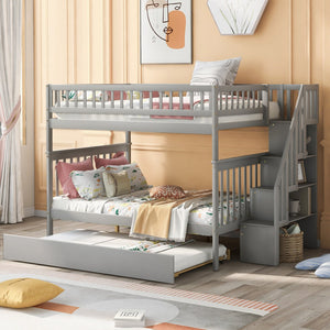 English Elm Full Full-over-Full Bunk Bed with Trundle & Staircase Storage, Solid Pine, Convertible to 3 Beds, Safe Guardrails Gray GX000402AAE-1