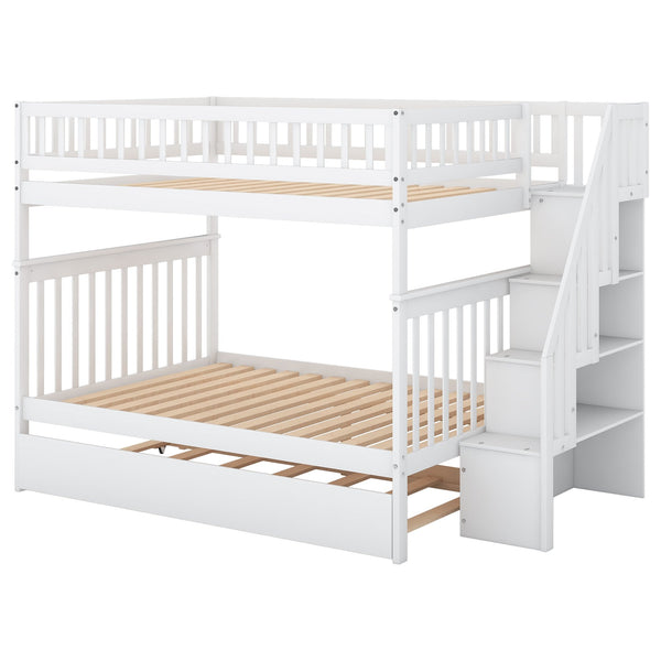 English Elm Full Full-over-Full Bunk Bed with Trundle & Staircase Storage, Solid Pine, Convertible to 3 Beds, Safe Guardrails White GX000402AAK-1
