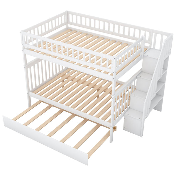 English Elm Full Full-over-Full Bunk Bed with Trundle & Staircase Storage, Solid Pine, Convertible to 3 Beds, Safe Guardrails White GX000402AAK-1