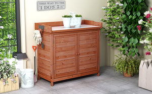 English Elm TOPMAX Outdoor Potting Bench 39" Rustic Fir Wood Workstation with Galvanized Top, 2-Tier Storage Hooks WF285324AAA