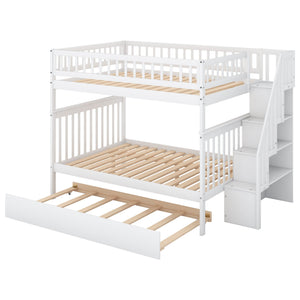 English Elm Full Full-over-Full Bunk Bed with Trundle & Staircase Storage, Solid Pine, Convertible to 3 Beds, Safe Guardrails White GX000402AAK-1