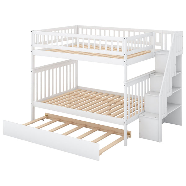 English Elm Full Full-over-Full Bunk Bed with Trundle & Staircase Storage, Solid Pine, Convertible to 3 Beds, Safe Guardrails White GX000402AAK-1
