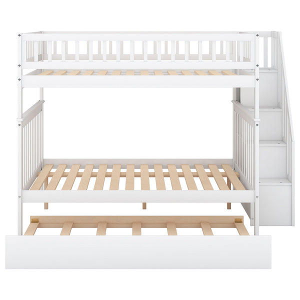 English Elm Full Full-over-Full Bunk Bed with Trundle & Staircase Storage, Solid Pine, Convertible to 3 Beds, Safe Guardrails White GX000402AAK-1