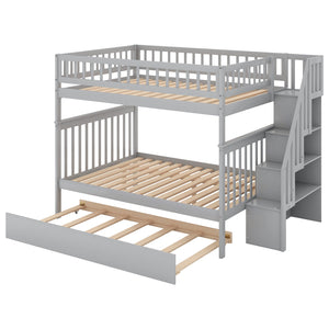 English Elm Full Full-over-Full Bunk Bed with Trundle & Staircase Storage, Solid Pine, Convertible to 3 Beds, Safe Guardrails Gray GX000402AAE-1