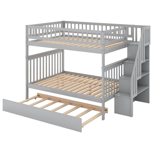 English Elm Full Full-over-Full Bunk Bed with Trundle & Staircase Storage, Solid Pine, Convertible to 3 Beds, Safe Guardrails Gray GX000402AAE-1