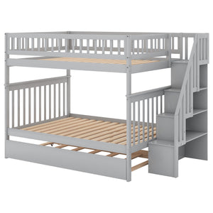 English Elm Full Full-over-Full Bunk Bed with Trundle & Staircase Storage, Solid Pine, Convertible to 3 Beds, Safe Guardrails Gray GX000402AAE-1