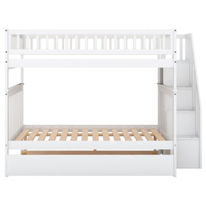 English Elm Full Full-over-Full Bunk Bed with Trundle & Staircase Storage, Solid Pine, Convertible to 3 Beds, Safe Guardrails White GX000402AAK-1