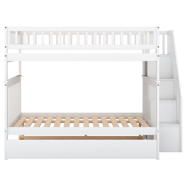 English Elm Full Full-over-Full Bunk Bed with Trundle & Staircase Storage, Solid Pine, Convertible to 3 Beds, Safe Guardrails White GX000402AAK-1