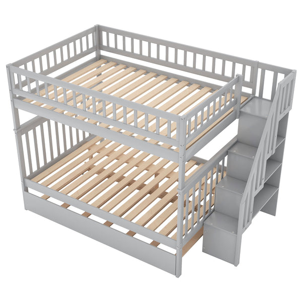 English Elm Full Full-over-Full Bunk Bed with Trundle & Staircase Storage, Solid Pine, Convertible to 3 Beds, Safe Guardrails Gray GX000402AAE-1