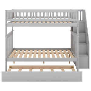 English Elm Full Full-over-Full Bunk Bed with Trundle & Staircase Storage, Solid Pine, Convertible to 3 Beds, Safe Guardrails Gray GX000402AAE-1