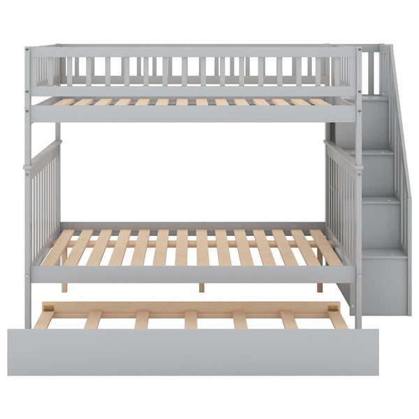 English Elm Full Full-over-Full Bunk Bed with Trundle & Staircase Storage, Solid Pine, Convertible to 3 Beds, Safe Guardrails Gray GX000402AAE-1