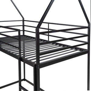 English Elm Twin House Bunk Bed with Ladder and Slide — Space-Saving Metal Twin over Twin Frame, Safe Design Black WF283081AAB
